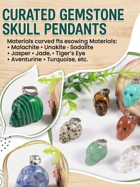 Set of 8 Multicolor Gemstone Skull Pendant Necklaces Jewelry